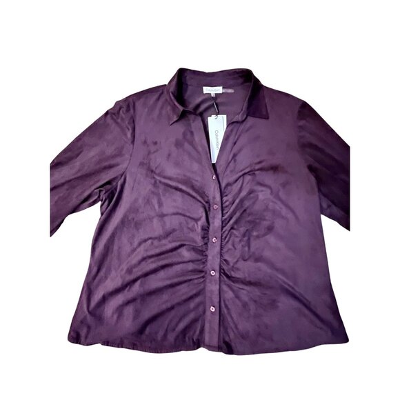 Calvin Klein Womens 1X Plum Aubergine Blouse Ruched Front Micro Suede New - Picture 3 of 16